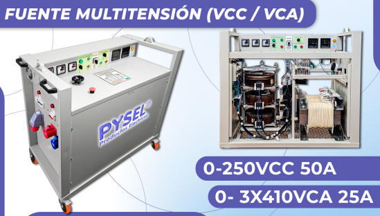 Fuentes en formato de consola, portatiles, salidas de 110vcc 220vcc 250vcc 10a 20a 30a 40a y 50a duales con intrumentos automatizadas y salidas de vca hasta 440vca 25Amp